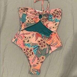 Billabong Pink and Green One Piece Swimsuit with Bow Detail